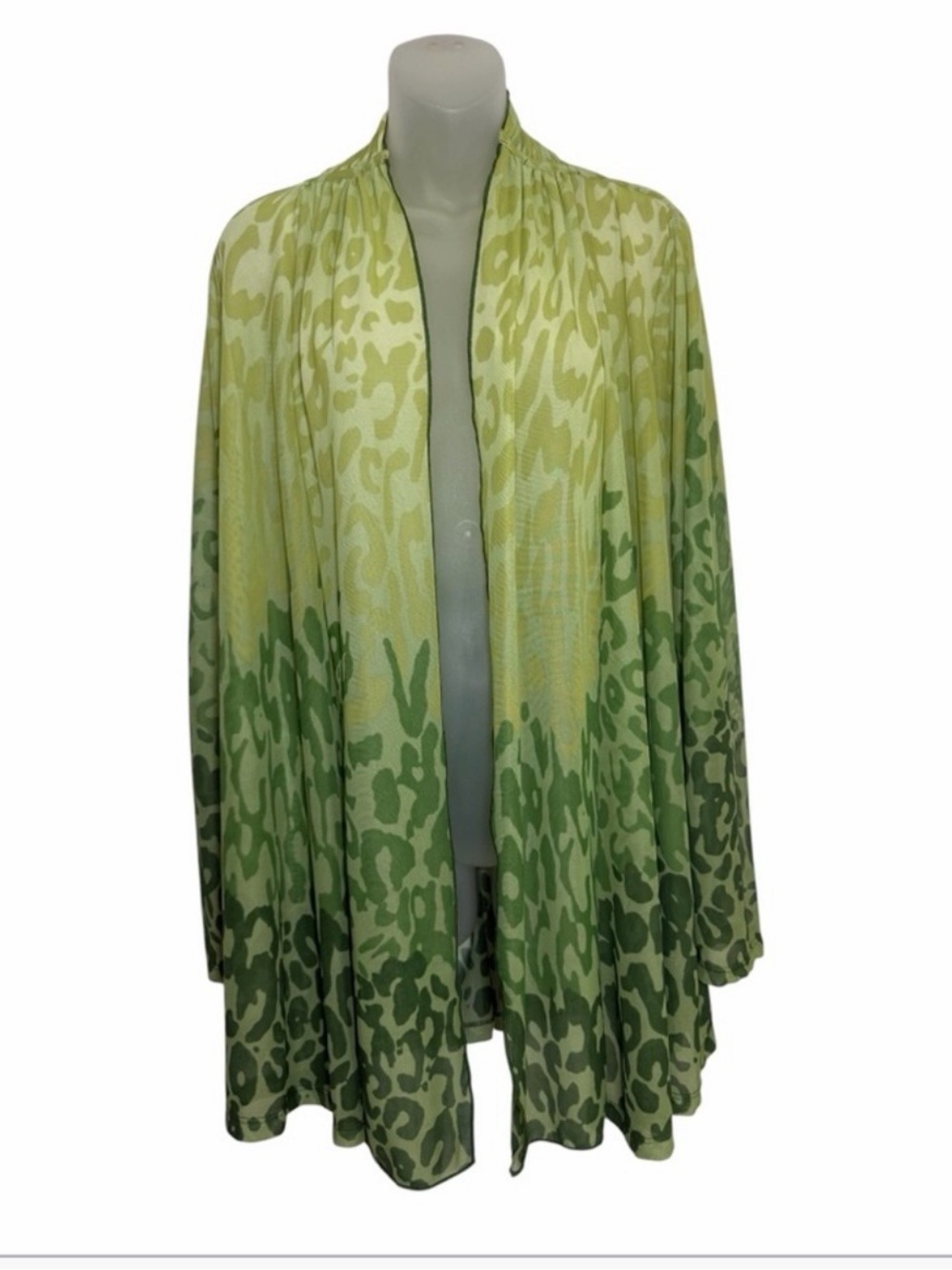 Susan Graver XL Green Ombré Leopard Mesh Open Front Kimono Cardigan Duster